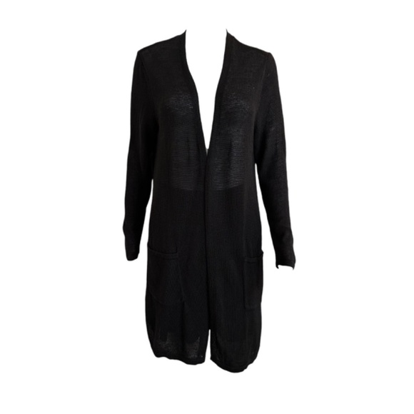 J Jill Black Long Length Cardigan Sweater Womens M Linen Blend Slits Minimalist - Picture 12 of 14